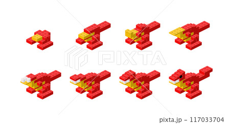 Step-by-step assembly of a dinosaur in isometry. Vector 117033704