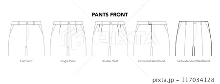 Set of Pants Front details - Flat, Single Double Pleat, Self Extended Waistband styles technical fashion illustration 117034128