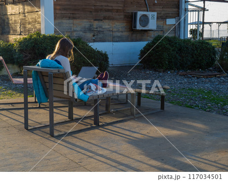 The girl is sitting on a lounger with a laptop. Resort work. Sits in social networks. The concept of working remotely The girl is sitting on a lounger with a laptop. Resort work. Sits in social networks. The concept of working remotely 117034501