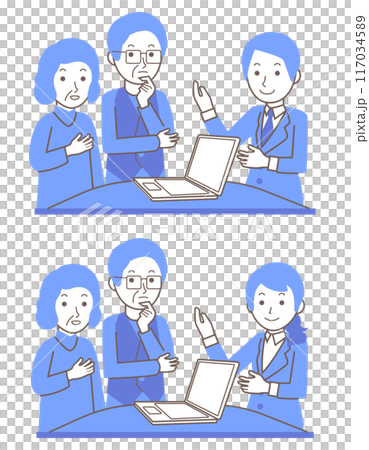 一名女僱員和一名男性僱員為一對老年夫婦服務的插圖 117034589