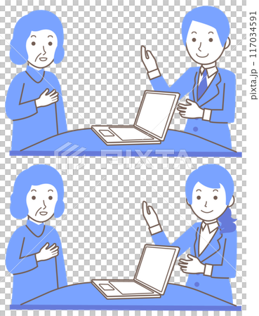 一名女僱員和一名男性僱員為老年婦女服務的插圖 117034591