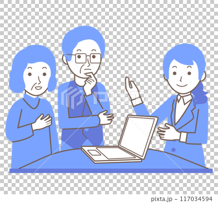 Illustration of a female employee serving an elderly couple 117034594