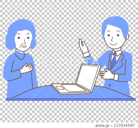 一名男性員工為老年婦女服務的插圖 117034597