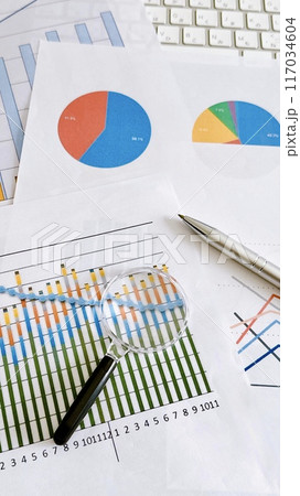 グラフと虫メガネ　データ分析　ビジネス　バナー素材　縦位置 117034604