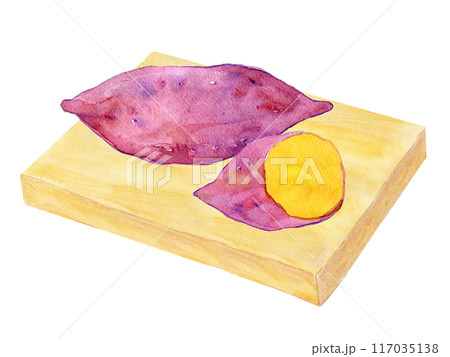 水彩イラスト　まな板の上のサツマイモ 117035138