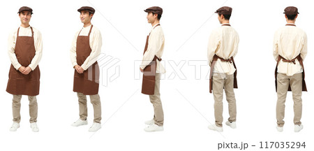 ショップ店員のエプロンハンティング帽子男性の全身人物切り抜き素材 ショップ店員のエプロンハンティング帽子男性の全身人物切り抜き素材 117035294