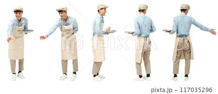 カフェ店員のエプロンハンティング帽子男性の全身人物切り抜き素材 117035296
