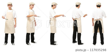 カフェ店員のエプロンハンティング帽子男性の全身人物切り抜き素材 117035298