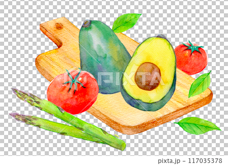 Vegetables on a cutting board watercolor illustration Vegetables on a cutting board watercolor illustration 117035378