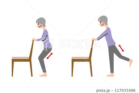 健康のため椅子をつかって足腰の運動をする高齢女性 117035896