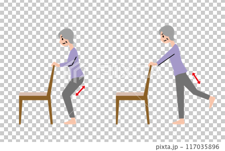 健康のため椅子をつかって足腰の運動をする高齢女性 117035896