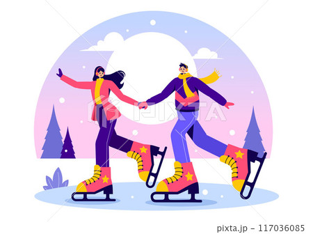 Ice Skating Vector Illustration of Winter Fun Outdoor Sports Activities on an Ice Rink with Seasonal Outerwear in a Flat Style Cartoon Background 117036085
