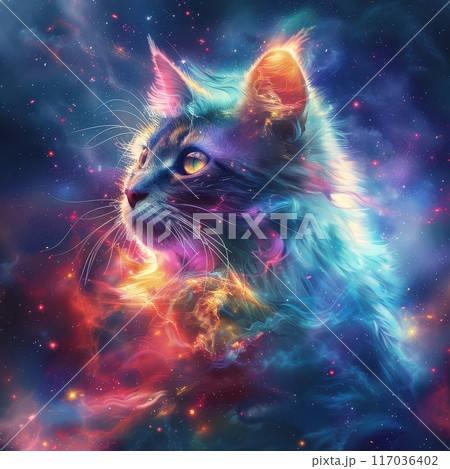 Cosmic Cat with Glowing Fur and Starry Background 117036402