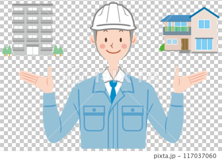 A man in work clothes proposing the choice between a detached house or an apartment, construction, architecture A man in work clothes proposing the choice between a detached house or an apartment, construction, architecture 117037060