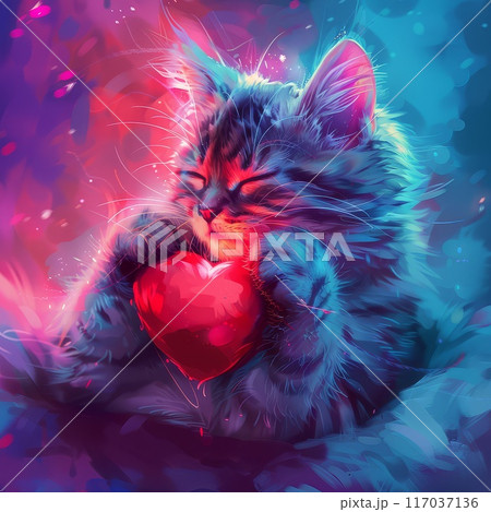 A Cute Kitten Holding a Red Heart in a Neon Glow 117037136