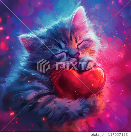 A Sleeping Kitten Holding a Red Heart Against a Vibrant Background 117037138