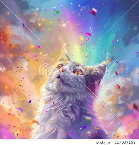A White Cat Looking Up at Confetti in a Colorful Sky 117037158