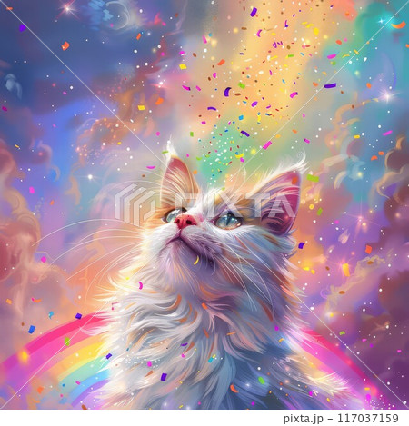 A White Cat Gazing Up at a Rainbow and Confetti 117037159