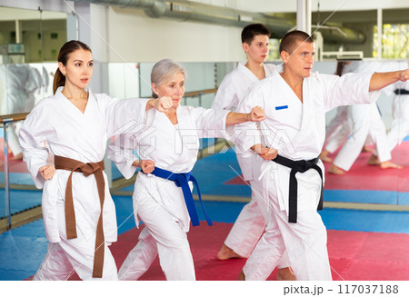 Various aged men and women training kata moves Various aged men and women training kata moves 117037188