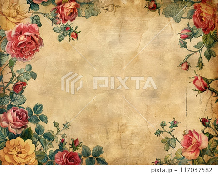 Vintage Floral Border on Grunge Paper 117037582
