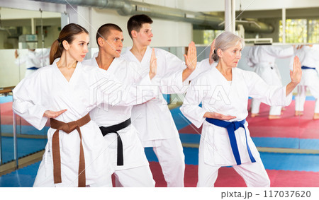Karate or taekwondo training - athletes in kimono stand in fighting stance 117037620