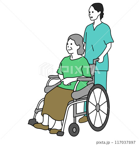 車いすに乗った女性と介助者 車いすに乗った女性と介助者 117037897