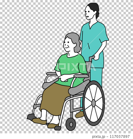 A woman in a wheelchair and her caregiver 117037897