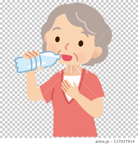 ペットボトルの水を飲む高齢女性 健康 熱中症 ペットボトルの水を飲む高齢女性 健康 熱中症 117037914