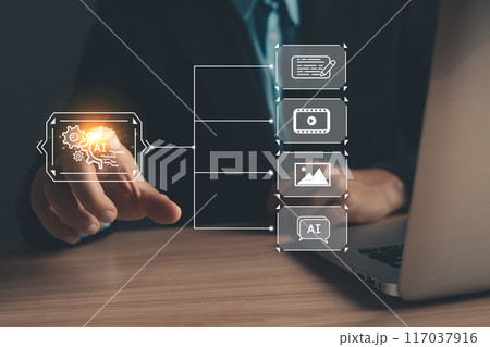 Man touch icon ai and use laptop, Marketers education, research, analyze media video streaming content creation and online marketing strategies to grow their digital business. 117037916