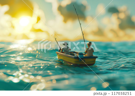 夕日に照らされて輝く海面上で釣りをする釣り人 117038251