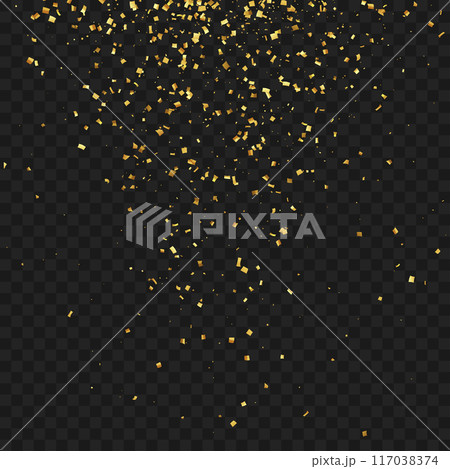 Gold confetti falling on a transparent background with black grid. Vector 117038374