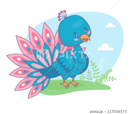 Cute peacock character in clearing. Funny cartoon kawaii blue tropical bird. Vector illustration Cute peacock character in clearing. Funny cartoon kawaii blue tropical bird. Vector illustration 117038573