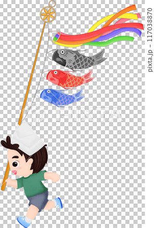 Japanese Koinobori carp streamer and child	 117038870