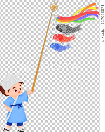 Japanese Koinobori carp streamer and child	 117038871