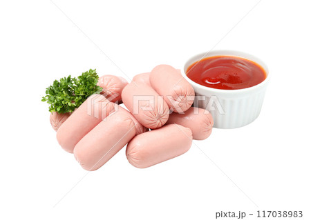 PNG,Small sausages with parsley and ketchup, isolated on white background PNG,Small sausages with parsley and ketchup, isolated on white background 117038983