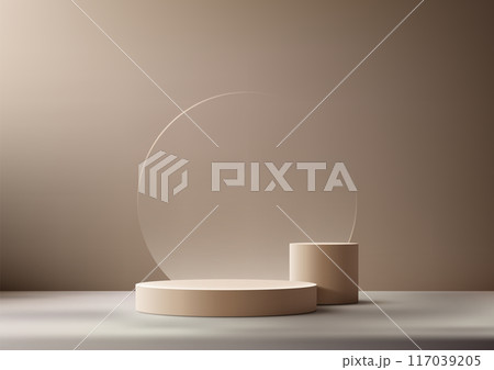 3D beige podium and cylinder against a gradient beige background. Minimalist and modern design for product display, mockup, showroom, or showcase 3D beige podium and cylinder against a gradient beige background. Minimalist and modern design for product display, mockup, showroom, or showcase 117039205