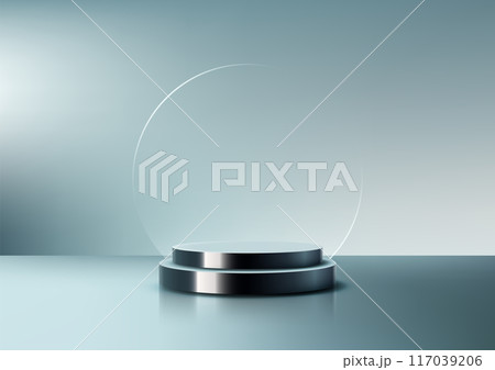 3d minimalist product display with round glass platform on black metal base podium, modern mockup model for showroom 3d minimalist product display with round glass platform on black metal base podium, modern mockup model for showroom 117039206