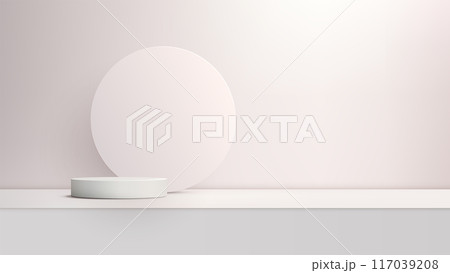 3D Minimalist Product Display with White Podium and Circular Background Against Neutral Wall. Modern Style Showroom 117039208
