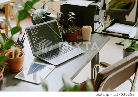 High angle view of digital tablet and laptop with code on screen on desk at workplace with biophilic design, copy space High angle view of digital tablet and laptop with code on screen on desk at workplace with biophilic design, copy space 117039258