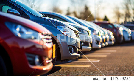 中古車販売店に並んだ車 117039284