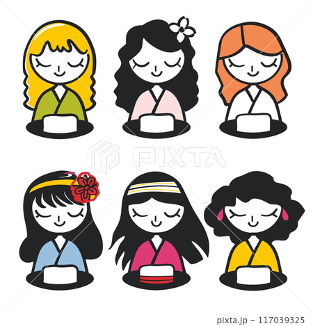 Six cartoon girls meditating, wearing different colored kimonos, girl has unique hairstyle hair accessory, eyes closed relaxation. Illustration captures diversity harmony, peace, meditation practice Six cartoon girls meditating, wearing different colored kimonos, girl has unique hairstyle hair accessory, eyes closed relaxation. Illustration captures diversity harmony, peace, meditation practice 117039325