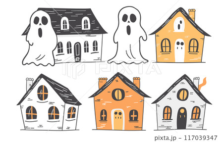 Six cartoon houses ghostly figures. Top row ghost overlay houses, bottom row houses alone. White, gray, orange color scheme Six cartoon houses ghostly figures. Top row ghost overlay houses, bottom row houses alone. White, gray, orange color scheme 117039347