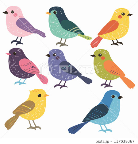 Colorful bird illustrations, differing color species. Cute cartoon birds various plumage patterns. Seven stylized birds, vibrant, isolated white background 117039367