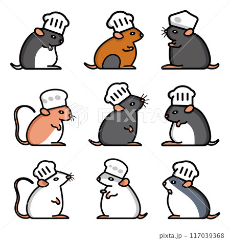 Cartoon mice wearing chef hats, cute chef rodents illustration. Six various colored mice standing, chefs outfit, culinary theme, cartoon collection, fun kitchen mascot design 117039368