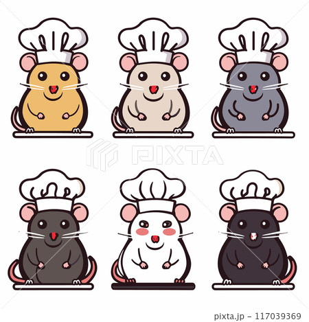 Six chef mice illustrated various colors wearing white chef. Cute rodents culinary, cartoon style, isolated white background, mice characters, cooking theme, different fur colors 117039369