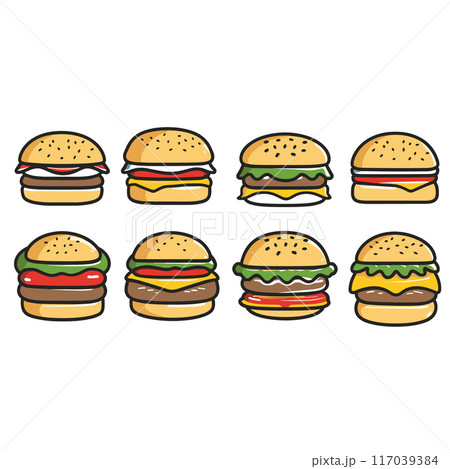Eight cartoon hamburgers arranged two rows, colorful simple flat graphic style. Variety hamburgers different toppings, cheese, lettuce, tomato, beef patties. Row illustrated fast food items, sesame 117039384