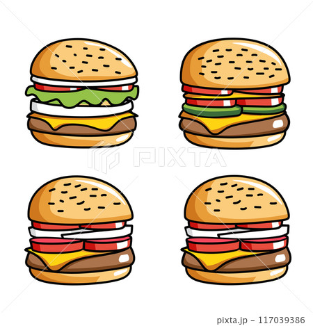 Four different burger illustrations various toppings visible. Top left burger includes lettuce. Top right layered, lettuce, two beef patties. Bottom left stacked three Four different burger illustrations various toppings visible. Top left burger includes lettuce. Top right layered, lettuce, two beef patties. Bottom left stacked three 117039386