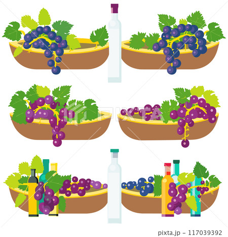 Grapes wooden bowl illustration, wine bottles vector isolated white background. Simple grape clusters leaves designs, colors purple green yellow. Vector art fruit arrangements, wine themes Grapes wooden bowl illustration, wine bottles vector isolated white background. Simple grape clusters leaves designs, colors purple green yellow. Vector art fruit arrangements, wine themes 117039392