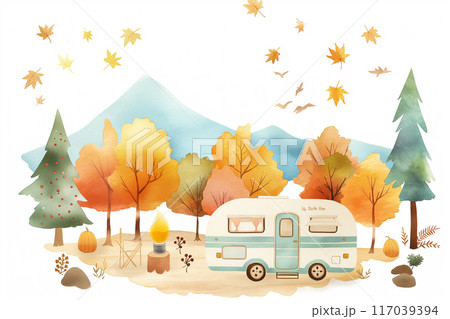 秋の紅葉と白いキャンピングカー 117039394