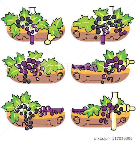 Colorful vector illustration grapes various stages ripening vine bowls. Tasty bunches grapes shown green leaves, represent growth winemaking concept. Cartoon style grapevines isolated white 117039396
